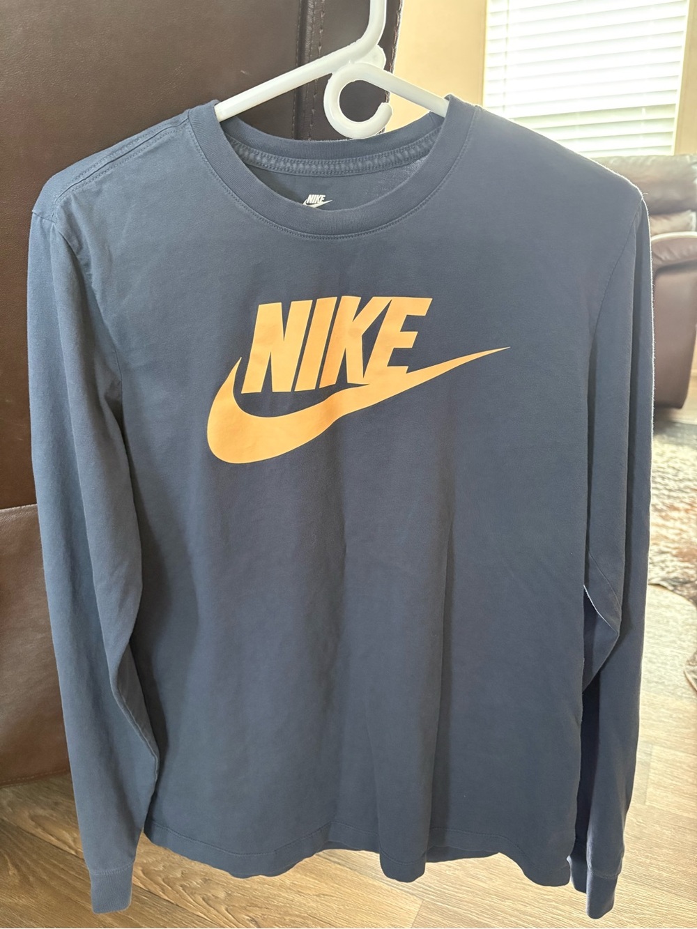 Nike Men's Long Sleeve Tee in Navy with Orange Logo